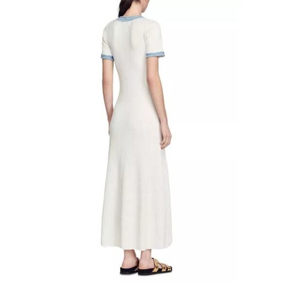 SANDRO Alecia White Blue Ribbed Raw Denim Hem Gold Buttons Dress Size Small - Picture 2 of 11